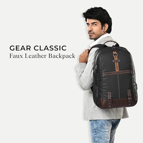 Gear Classic 4 Anti-Theft Faux Leather Black-Brown Laptop Backpack