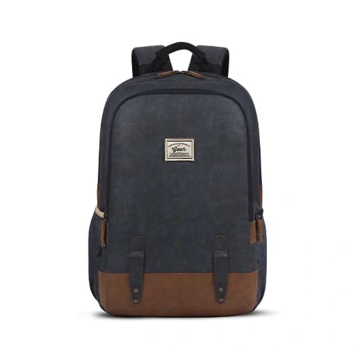 Gear Classic Faux Leather Navy Blue Tan Laptop Backpack