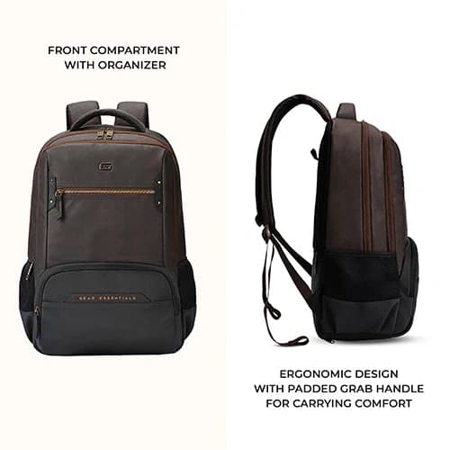 Gear Quantum 3 Anti-Theft Faux Leather Brown-Black Laptop Backpack, With Raincover