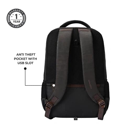Gear Quantum 3 Anti-Theft Faux Leather Brown-Black Laptop Backpack, With Raincover
