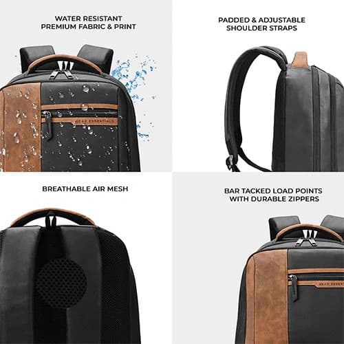Gear Vintage 4 Anti-Theft Faux Leather Black Tan Laptop Backpack