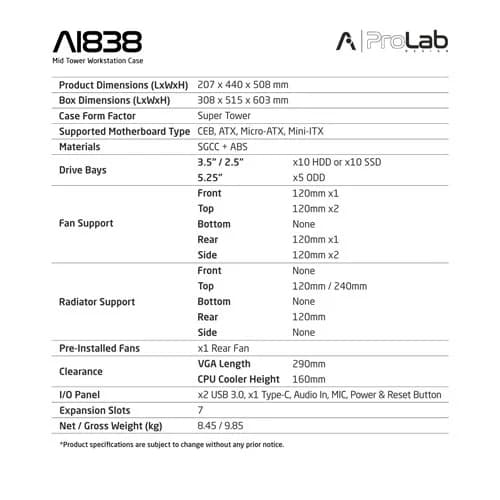 ProLab Design AI838 Mid Tower Workstation PC Case