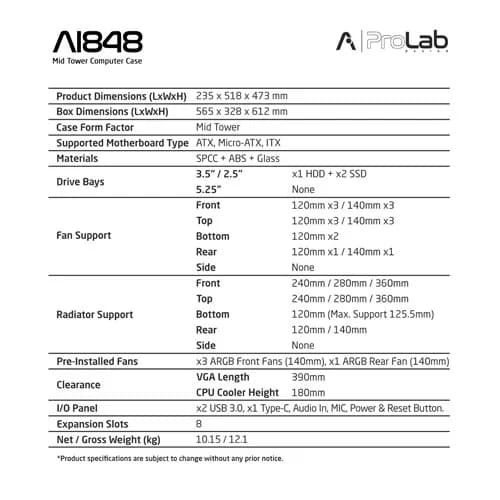 ProLab Design AI848 ARGB Mid Tower ATX Case