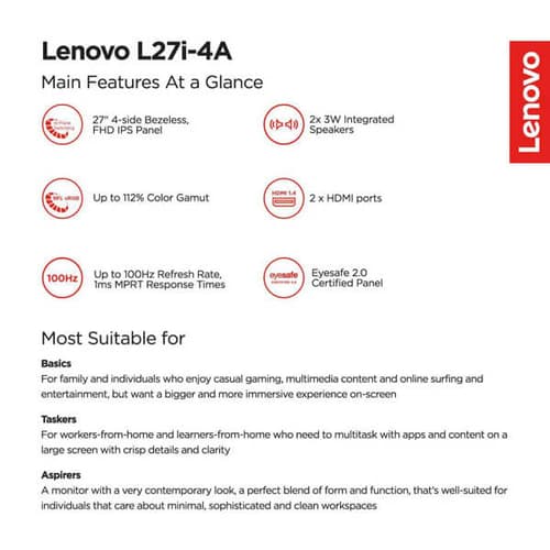 Lenovo L27i-4A 27 Inch White Monitor