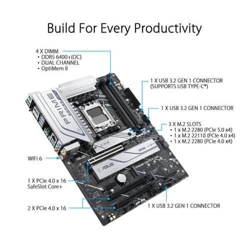 Asus Prime X670 P WiFi Motherboard (AMD Socket AM5/Ryzen 9000, 8000 and 7000 Series CPU/ Max 128GB DDR5 6400MHz Memory)