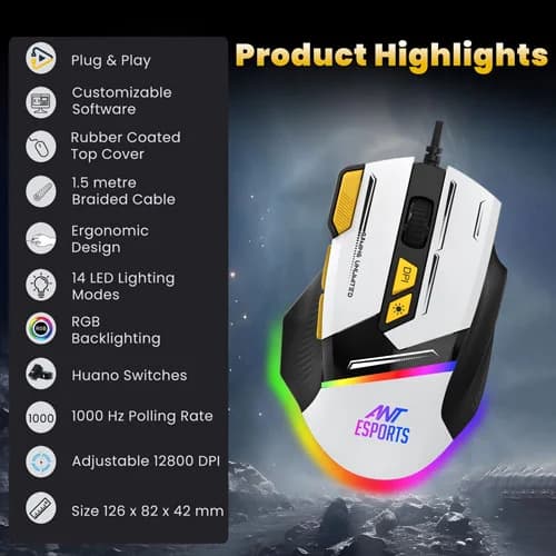 Ant Esports GM333 Gaming Mouse (Black-White-Yellow)