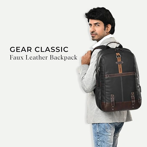Gear Classic 4 Anti-Theft Faux Leather Black-Brown Laptop Backpack