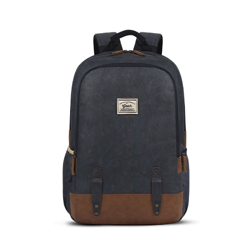 Gear Classic Faux Leather Navy Blue Tan Laptop Backpack