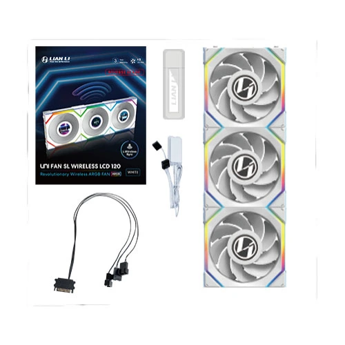 Lian Li UNI Fan SL Wireless LCD ARGB 120mm Reverse Blade White Cabinet Fan, Triple Pack