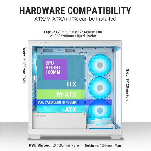ANT Esports Crystal X7 White ARGB ATX Mid Tower Case
