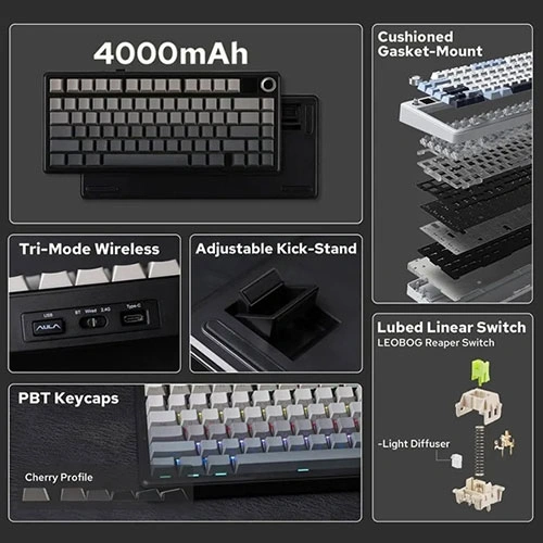 Aula F75 Max Side Engraved Keycaps Wireless Tri Mode RGB 75 Percent Mechanical Gaming Gradient Gray Keyboard With Reaper Switch