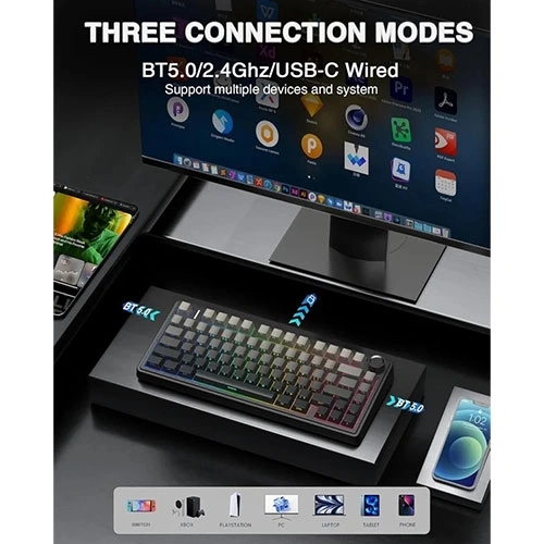 Aula F75 Side Engraved Keycaps Wireless Tri Mode RGB 75 Percent Mechanical Gaming Gradient Gray Keyboard With Reaper Switch