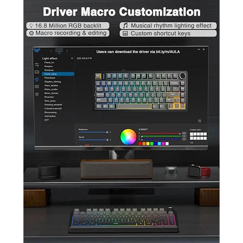Aula F75 Side Engraved Keycaps Wireless Tri Mode RGB 75 Percent Mechanical Gaming Gradient Gray Keyboard With Reaper Switch