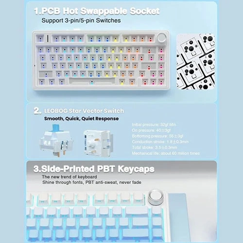 Aula F75 Side Engraved Keycaps Wireless Tri Mode RGB 75 Percent Mechanical Gaming Gradient Blue Keyboard With Star Vector Switch