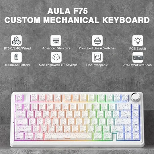 Aula F75 Wireless Tri Mode RGB 75 Percent Mechanical White Gaming Keyboard With Star Vector Switch