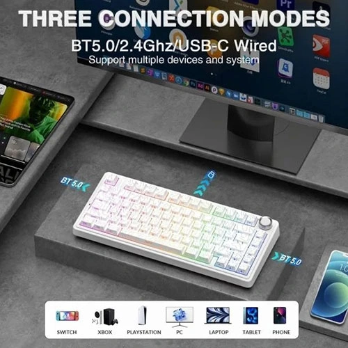 Aula F75 Wireless Tri Mode RGB 75 Percent Mechanical White Gaming Keyboard With Star Vector Switch