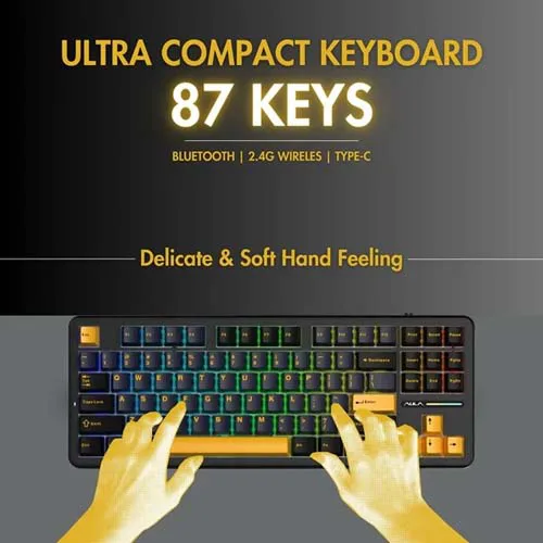 Aula F87 Wireless Tri Mode RGB Mechanical Gaming Thunder Black Keyboard With Graywood Switch