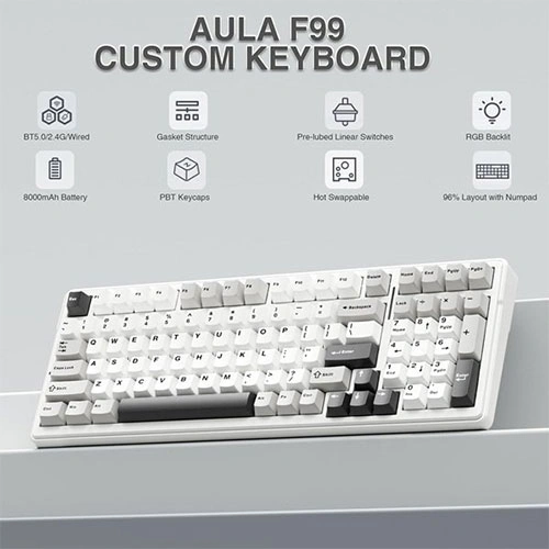 Aula F99 Tri Mode RGB Mechanical Gaming Grey White Keyboard With Graywood Switches