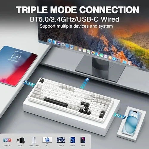 Aula F99 Tri Mode RGB Mechanical Gaming Grey White Keyboard With Graywood Switches