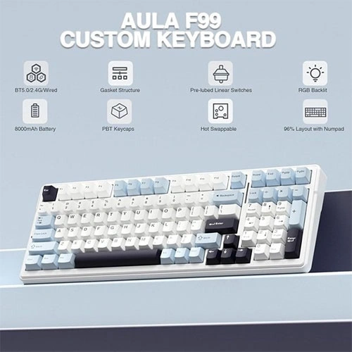 Aula F99 Tri Mode RGB Mechanical Gaming Ice Blue Keyboard with Reaper Switches