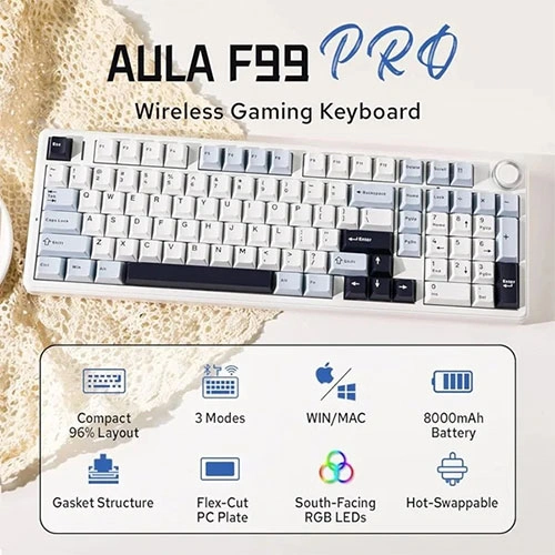 Aula F99 Pro Wireless Tri Mode RGB Mechanical Gaming Ice Blue Keyboard With Star Vector Switch