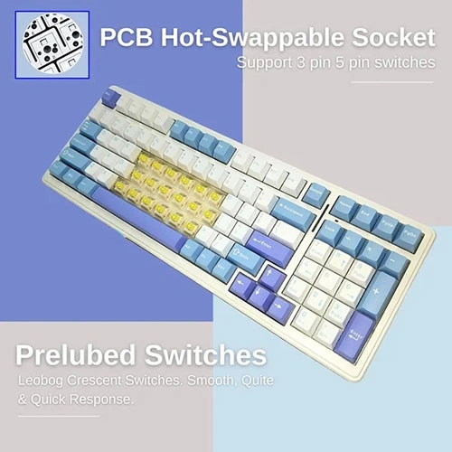 Aula F99 Tri Mode Wireless RGB Mechanical Gaming Blue White Keyboard With Crescent Switch