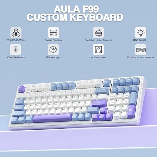 Aula F99 Tri Mode RGB Mechanical Gaming Blue White Keyboard with Graywood Switches