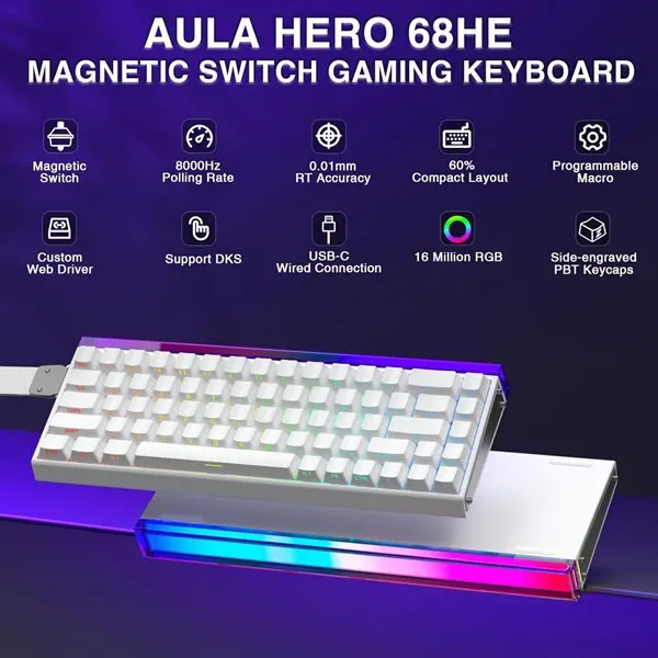 AULA Hero 68 HE 65 Percent White RGB Gaming Keyboard with Magnetic Switch