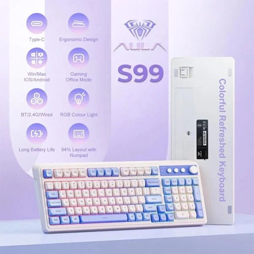 Aula S99 Tri-Mode Membrane Wireless Blue and White Gaming Keyboard