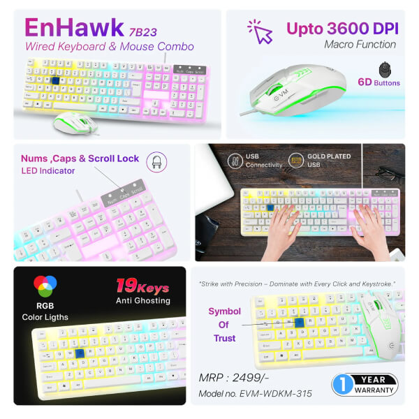 EVM EnHawk 7B23 White Keyboard and Mouse Combo