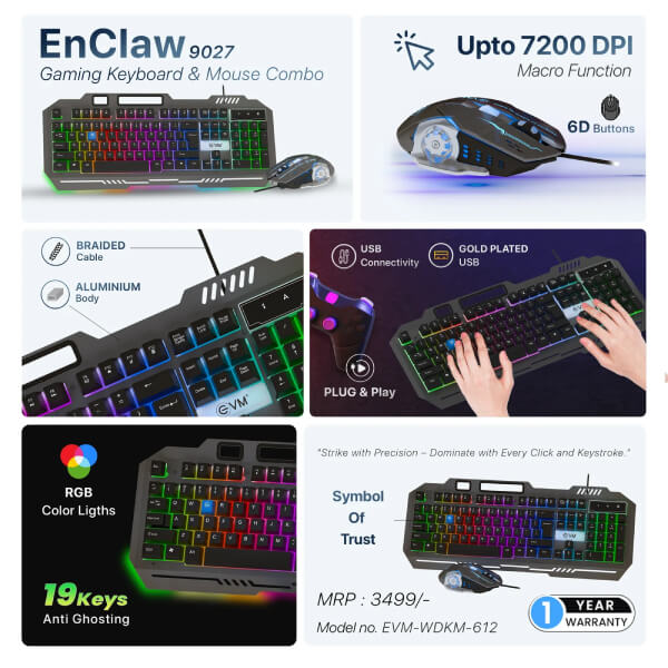 EVM EnClaw 9027 Grey Black Gaming Keyboard and Mouse Combo