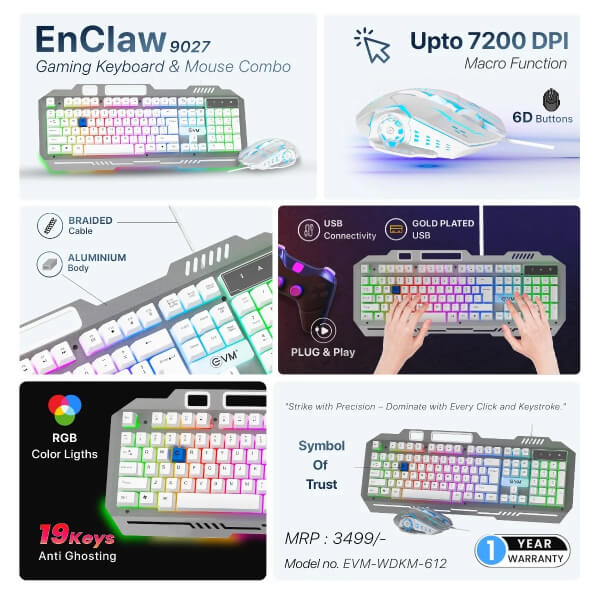 EVM EnClaw 9027 Silver White Gaming Keyboard and Mouse Combo