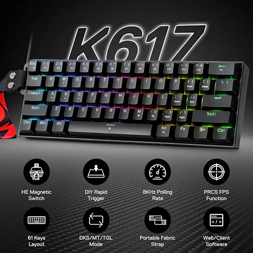 Redragon Fizz K617 Mechanical RGB Gaming Keyboard With HE Magnetic Switch, Black Strap