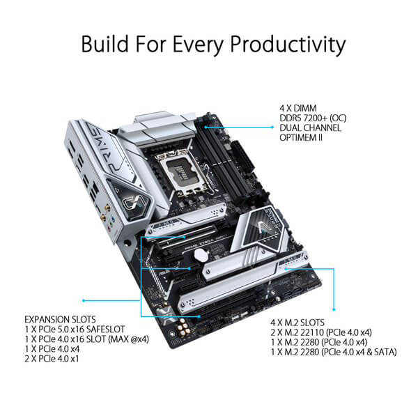 Asus PRIME Z790-A WIFI Motherboard (Intel Socket 1700/14th, 13th and 12th Generation Core Series CPU/Max 128GB DDR5 7200MHz Memory)