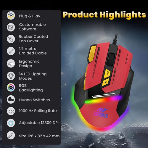 Ant Esports GM333 Gaming Mouse (Black-Red-Yellow)