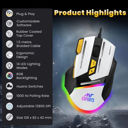 Ant Esports GM333 Gaming Mouse (Black-White-Yellow)