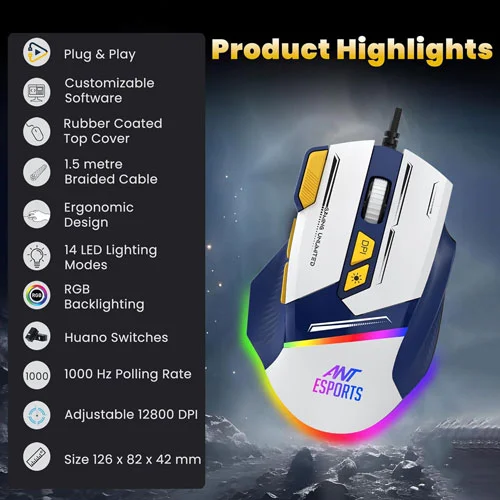Ant Esports GM333 Gaming Mouse (Blue-White-Yellow)