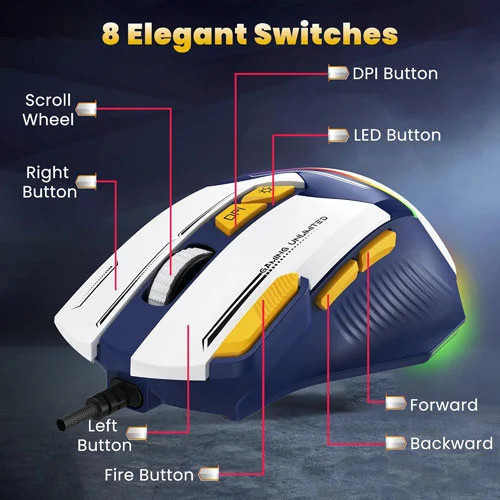 Ant Esports GM333 Gaming Mouse (Blue-White-Yellow)