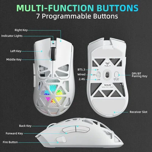 Aula SC620 Tri Mode RGB White Gaming Mouse