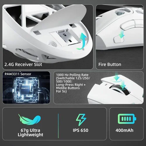 Aula SC620 Tri Mode RGB White Gaming Mouse