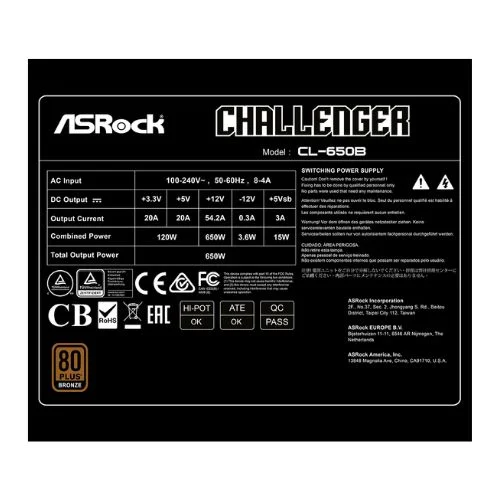 Asrock Challenger CL-650B Bronze 650 Watt SMPS